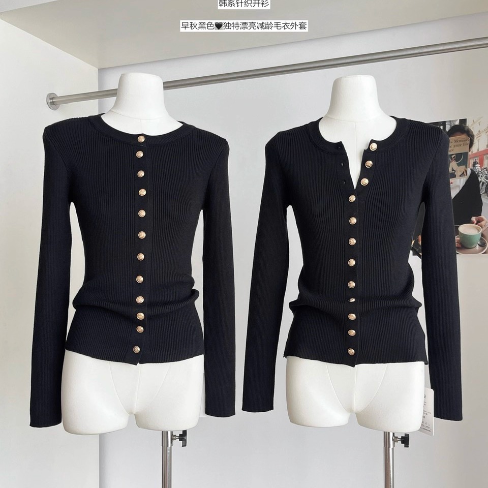 黑色高级韩系早秋穿搭针织开衫