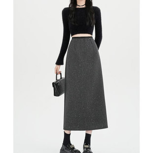 韩系气质重工亮片加绒毛呢半身裙女秋冬装 高腰a字包臀直筒长裙子