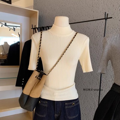 半高领软糯羊毛短袖针织衫女秋冬