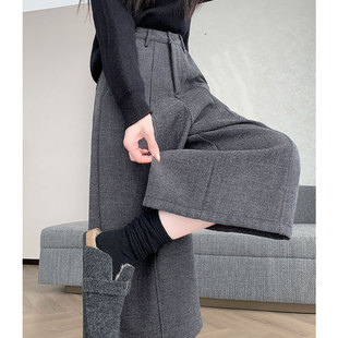 裤 高腰显瘦小个子休闲八分西装 女新款 灰色高级加绒加厚毛呢阔腿裤
