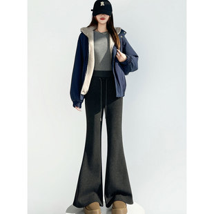 马蹄裤 运动卫裤 女秋冬高腰休闲糯米喇叭裤 高级加绒羊绒醋酸微喇裤