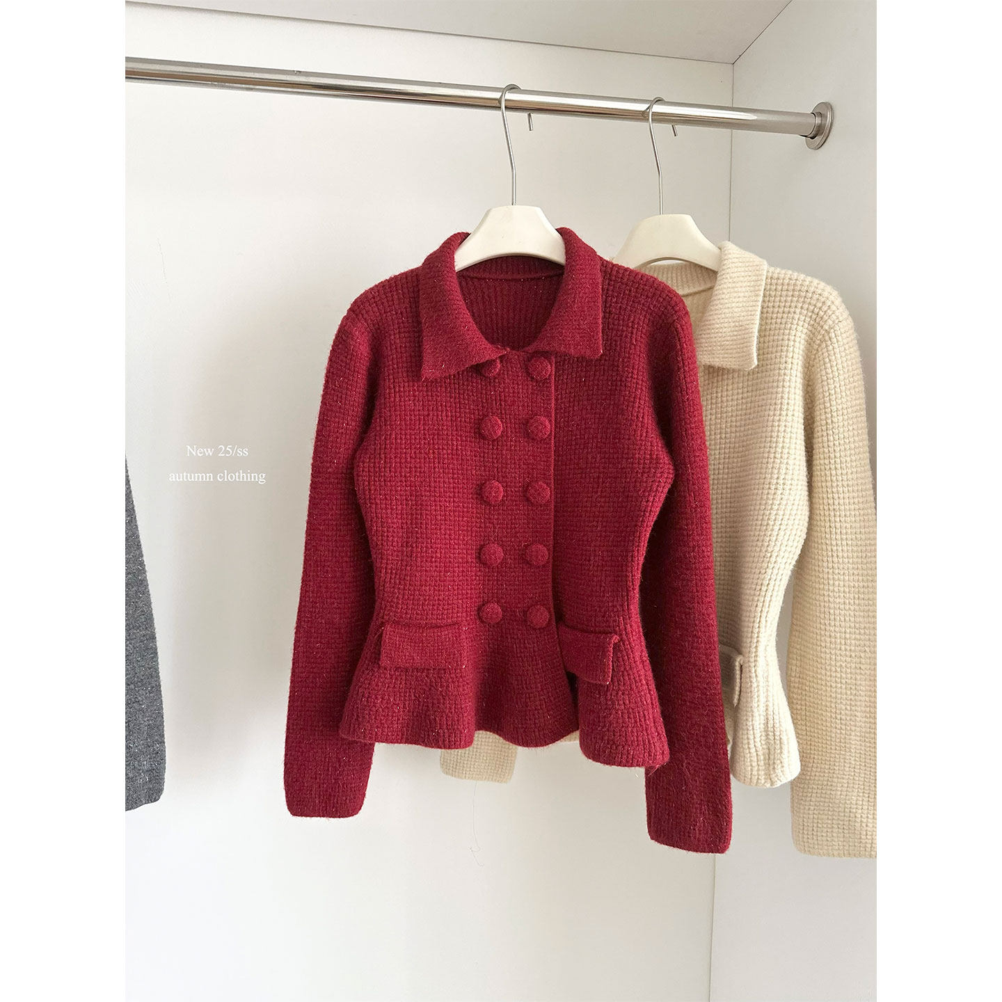 法式polo领小香风针织衫上衣女冬2026春季红色新年穿搭毛衣短外套,女装/女士精品,毛针织衫,淘宝优惠券,粉丝福利购,淘宝优惠卷