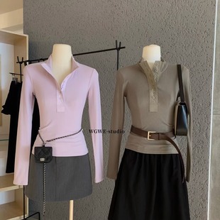 T恤 显瘦气质女士上衣针织长袖 立领复古内搭打底衫 秋冬收腰修身