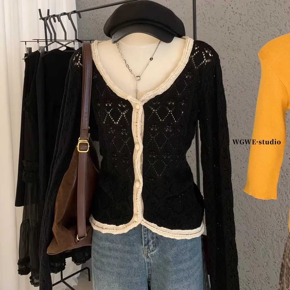 设计感撞色小香风拼接长袖针织开衫女秋冬小众别致显瘦毛衣短外套,女装/女士精品,毛衣,淘宝优惠券,粉丝福利购,淘宝优惠卷