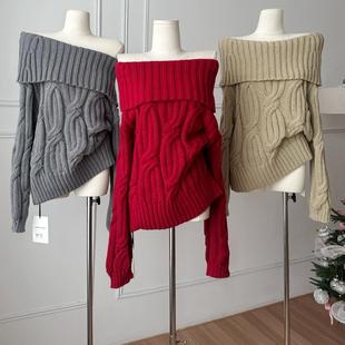 新年红色穿搭一字肩露肩麻花毛衣女秋冬季 上衣 加厚慵懒风针织衫