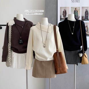 上衣 2025秋冬设计感针织衫 蕾丝拼接翻领保暖长袖 套头毛衣外套女装