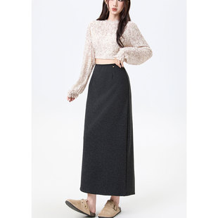灰色加绒A字半身裙女超好看冬装 高腰显瘦直筒包臀气质开叉长裙子