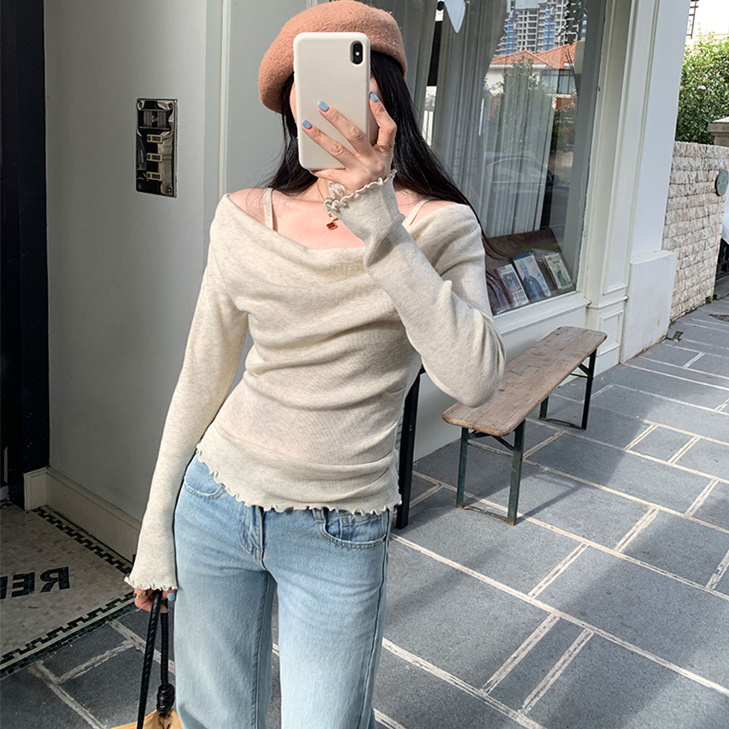 法式设计感一字肩荡领长袖针织衫