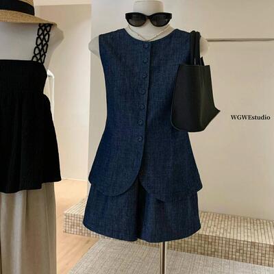 老钱风背心牛仔衬衫上衣阔腿短裤