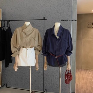 洋气好看复古显瘦长袖 女秋季 衬衣上衣 休闲单排扣衬衫 韩系简约薄款