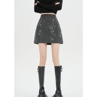 灰色小香风亮片半身裙秋冬新款高腰显瘦a字短款亮闪闪毛呢短裙子