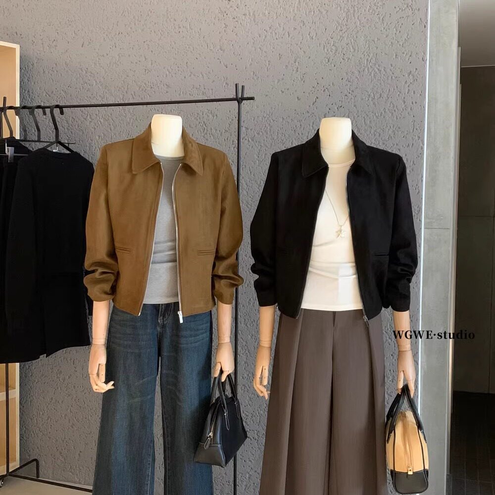 复古卡其色拉链翻领夹克上衣女秋