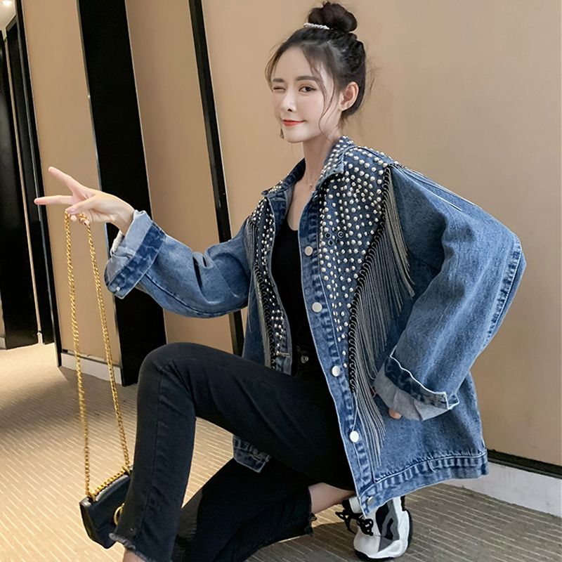 高级铆钉流苏重工牛仔外套