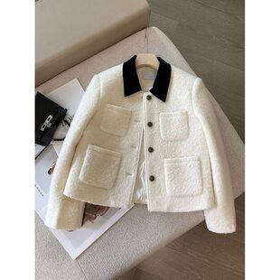 撞色翻领白色毛呢小香风羽绒内胆外套女冬季加厚短款夹克上衣