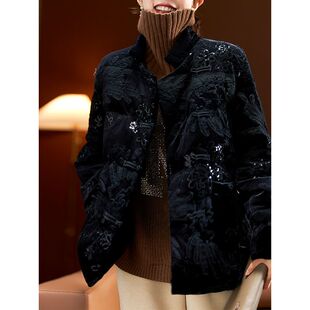 刺绣盘扣黑色羽绒服女冬季欧洲站大码女装2025年新款复古外套