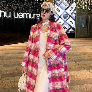 红格毛大女韩长冬宽松西色子加厚呢衣版中款秋新款装领粉呢子外套