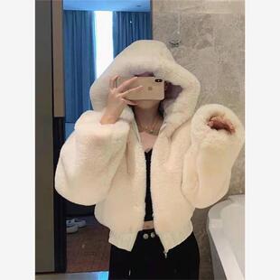 24款仿兔绒棉个子茸连帽20年冬季短毛皮草外套女加厚服小毛茸卫衣