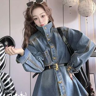 美式金扣立领加绒牛仔外套女2025秋冬季欧货宽松配腰带加厚衬衫