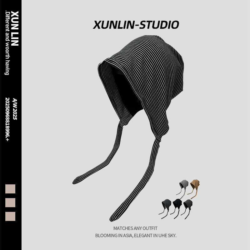 韩版百搭高级感光板绑带帽子秋冬户外时尚高奢大头围宽松条纹冷帽