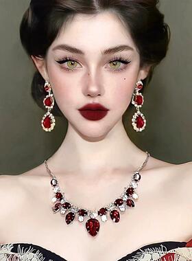 复古夸张奢华红色水滴锁骨链女水晶吊坠项链耳饰套装气质新娘晚宴
