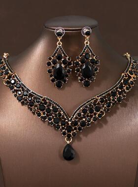 项链耳环一套装复古黑色大气水钻新娘锁骨链结婚纱宴会晚礼服配饰