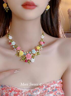 夏日夸张彩色花朵珍珠项链小众轻奢锁骨链新款礼服新娘婚纱配饰女