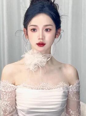 新款森系超仙灵动羽毛项炼甜美花朵颈炼韩式新娘结婚礼服锁骨炼女