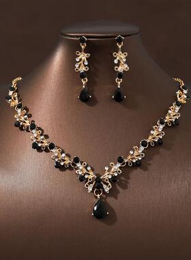 项炼耳环套组黑色简约覆古新娘锁骨炼女一套结婚纱宴会晚礼服配饰