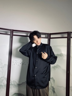 【余二制衣】原创设计气质复古立领树纹亮黑宽松飘逸休闲长袖衬衣