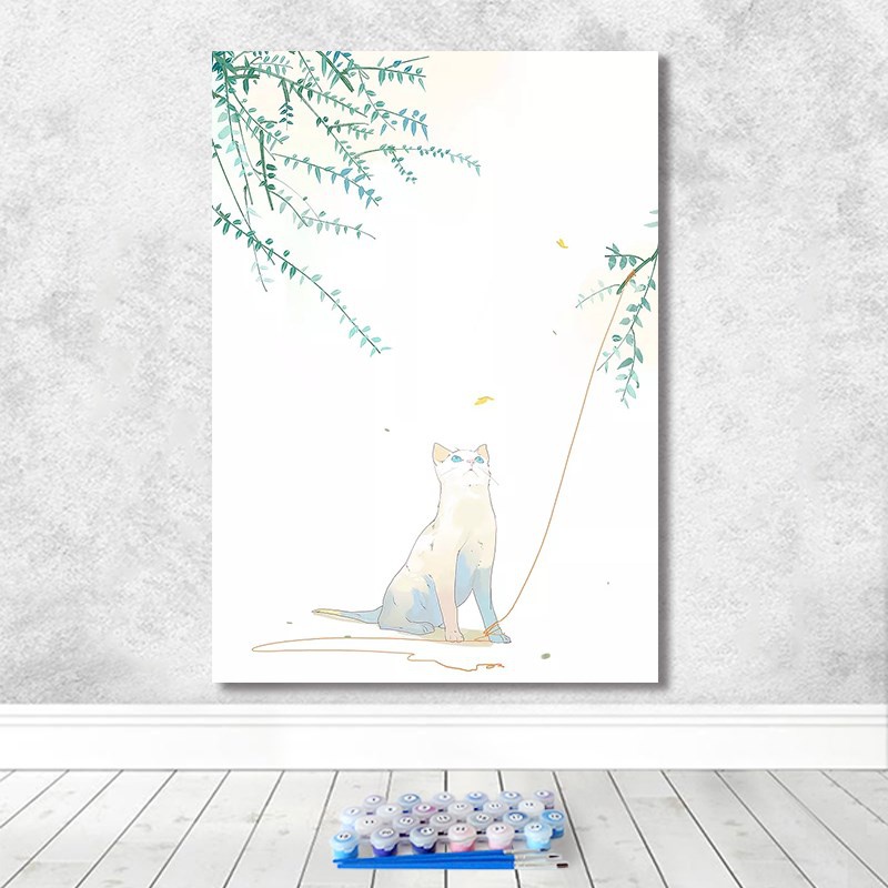 猫与蝴蝶少女花草风景diy数字油画手绘家居卧室酒店装饰挂画