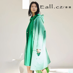 意澳Eall.cz冬季绿色格子绵羊毛大衣宽松休闲中长款毛呢外套女士