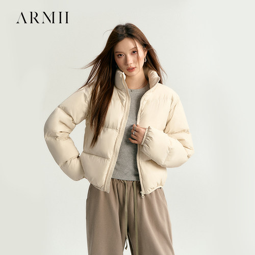 ARMII肯豆风短款羽绒服女冬季90白鸭绒立领面包服外套奶包棕色厚