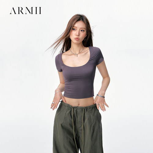 ARMII辣妹纯欲风纯色方领短袖上衣女夏季短款修身T恤