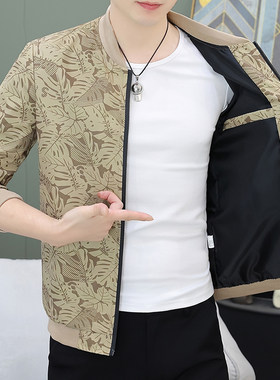 春秋款外套青年男士韩版印花夹克