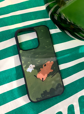 韩国Dinotaeng联名新款柿子熊14Pro适用iPhone15ProMax苹果12Pro网红可爱保护壳14防摔全包黑色13手机壳插画