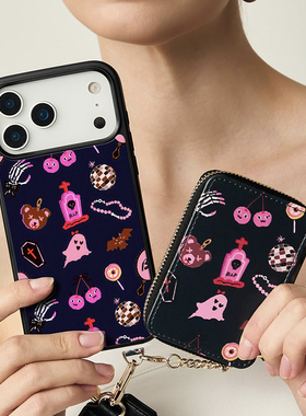 涂鸦卡通苹果17promax手机壳16pro 15max14/13磨砂黑手机壳 可爱黑色插画保护套 暗黑系防摔壳