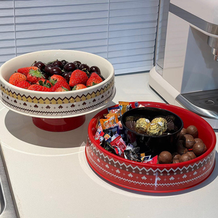 红色新年果盘2026年新款过年家用待客客厅喜庆高颜值可沥水干果盘