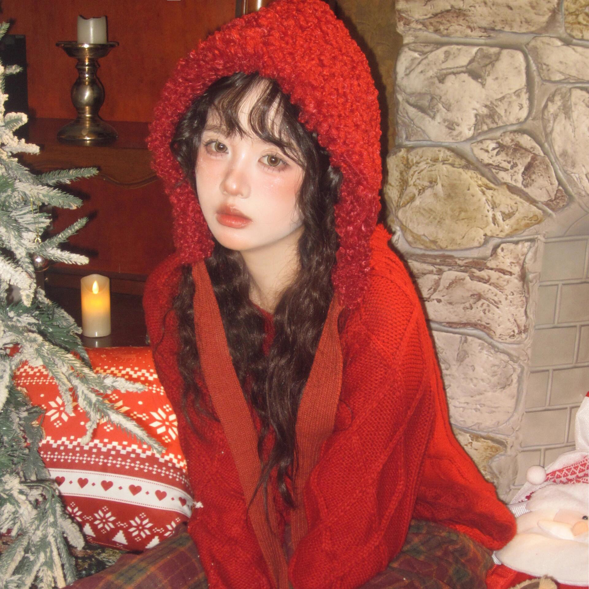 红色巴拉克拉法帽女秋冬帽子日系毛绒系绳圣诞保暖护耳防寒冷帽