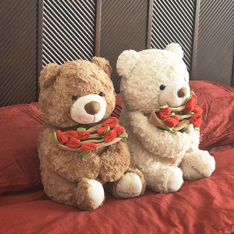结婚压床娃娃一对玫瑰花小熊毛绒公仔抱花泰迪熊婚房布置新婚礼物