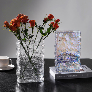 简约现代扁方形玻璃透明花瓶摆件样板间客厅室内软装 创意花插花器