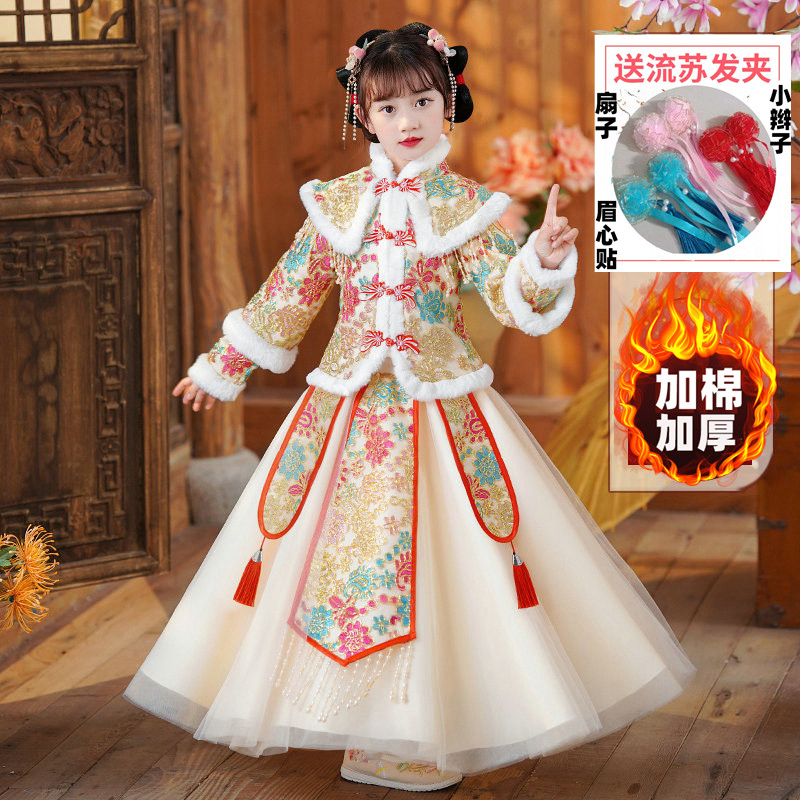 女童改良旗袍冬季汉服加厚唐装加绒汉服2023新款儿童加厚拜年服女