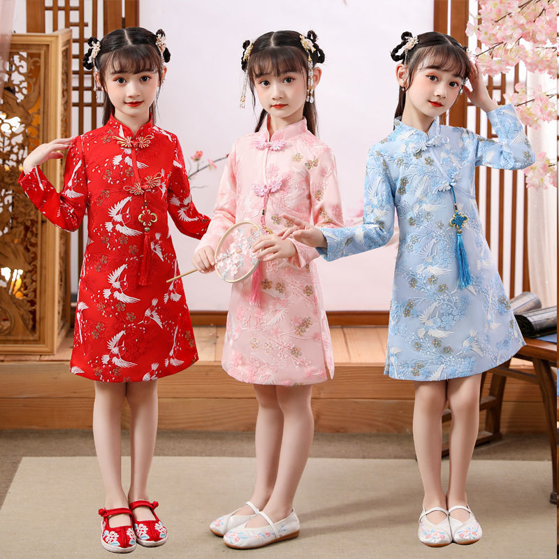 儿童秋装连衣裙中国风古装汉服女童连衣裙新款刺绣旗袍裙女孩新年