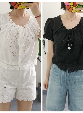 现 原标 买手店doen NERA 蕾丝花边系带抽绳短袖衬衫上衣