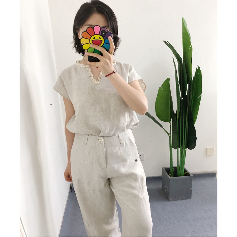 清 仅L/1 买手店BC手工钉珠V领原色亚麻衬衫短袖上衣outlets