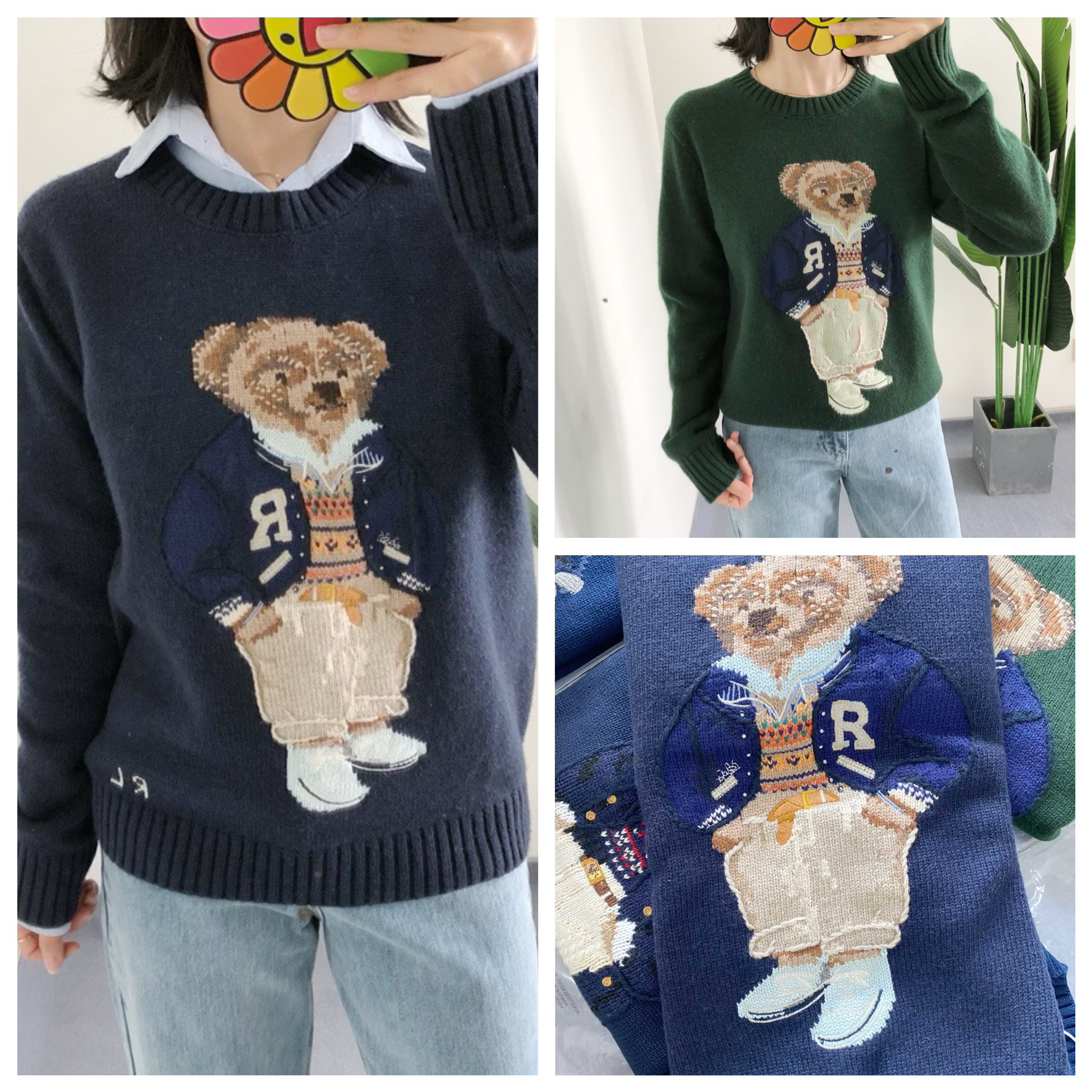 折扣 买手店 墨绿色羊毛羊绒刺绣字母夹克小熊针织毛衣圆领套头衫