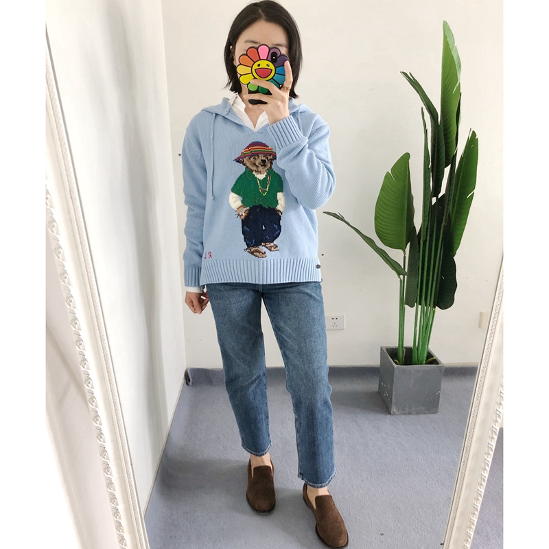 买手店 连帽V领彩色帽子小熊纯棉针织套头毛衣