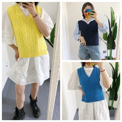 折扣 齐 买手店 白色纯棉V领绞花针织马甲背心毛衣无袖