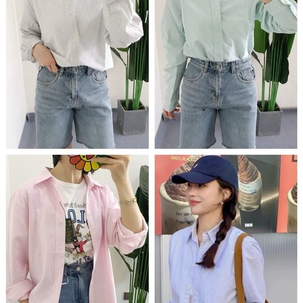 折扣 买手店 经典刺绣logo宽松绿白竖条纹女衬衫牛津棉 男女