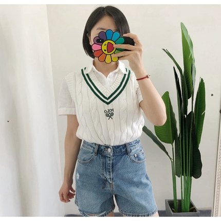 买手店 仅ML 爆款 网球字母刺绣V领撞色条纹纯棉针织马甲