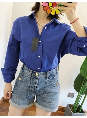 折扣 买手店 郑秀晶电光蓝红色马标刺绣长袖衬衫休闲宽松